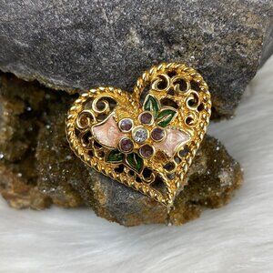 I LOVE YOU Heart Pendant Brooch Necklace Avon Flower Rhinestone Enamel Open Work